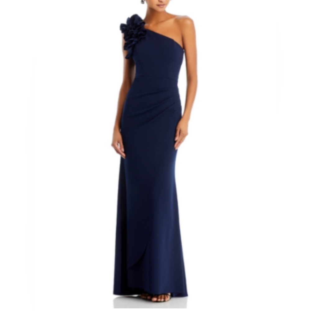 AQUA One Shoulder Ruffle Crepe Gown-Navy-Size 4 Mother of the Bride/Groom
